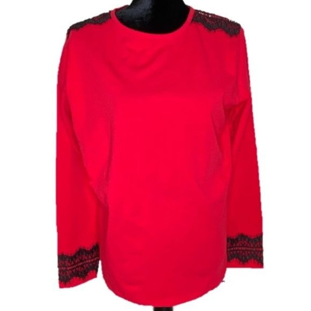 Izod Sweater Womens XL Red Long Sleeve Round Neck Black Lace Shoulders Cuffs